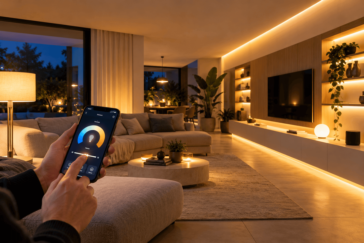 Controllo luci smart in soggiorno moderno